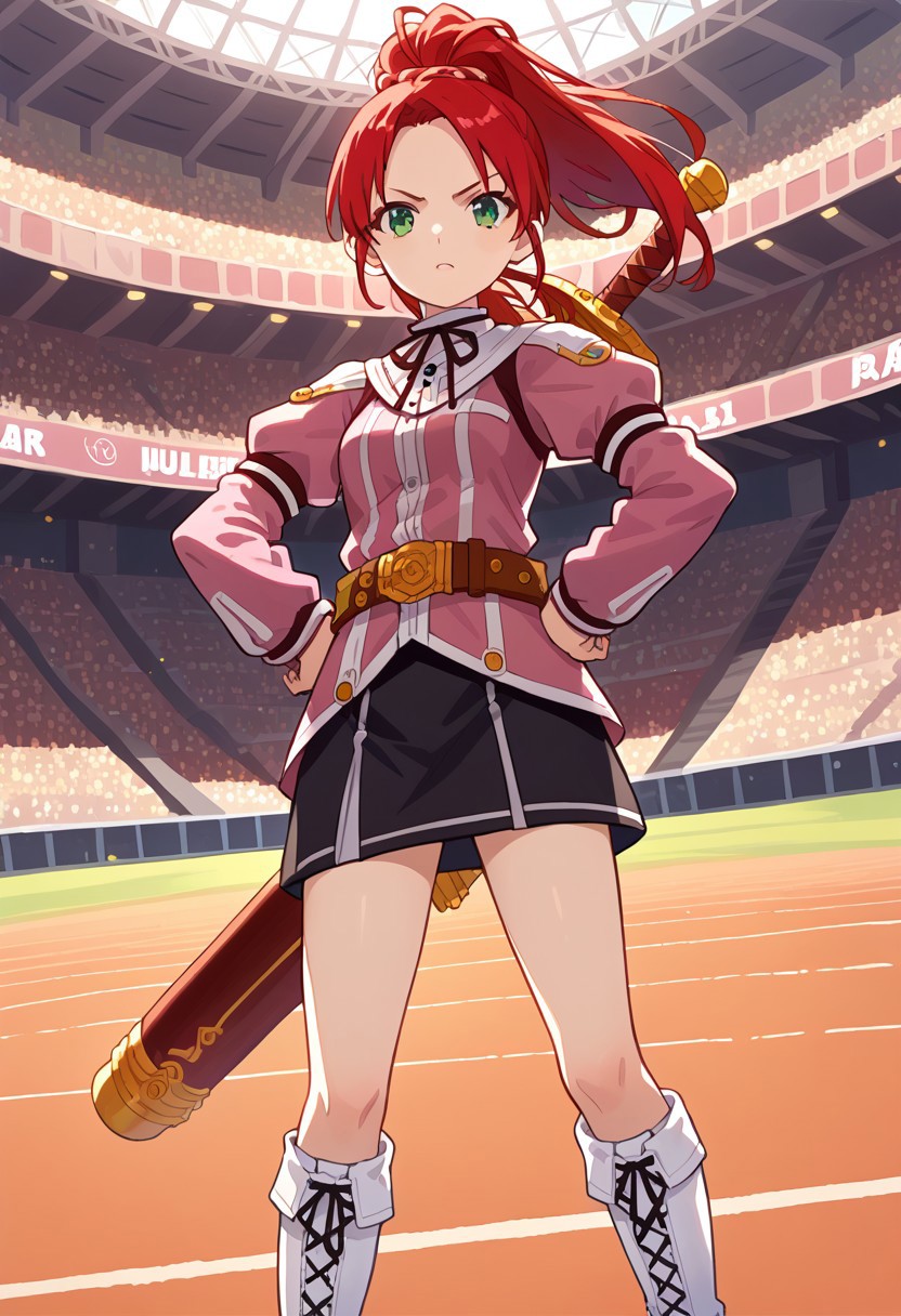 score_8, score_8_up, score_7_up, anime screenshot, source_anime, 1girl, female focus, solo, Sanary_SCS, green eyes, red hair, high ponytail, ponytail, neck ribbon, pink jacket, juliet sleeves, belt, sheath, weapon on back, belt, black skirt, white boots, fold-over boots, knee boots, indoors, pointing at viewer, hand on hip, Colosseum background