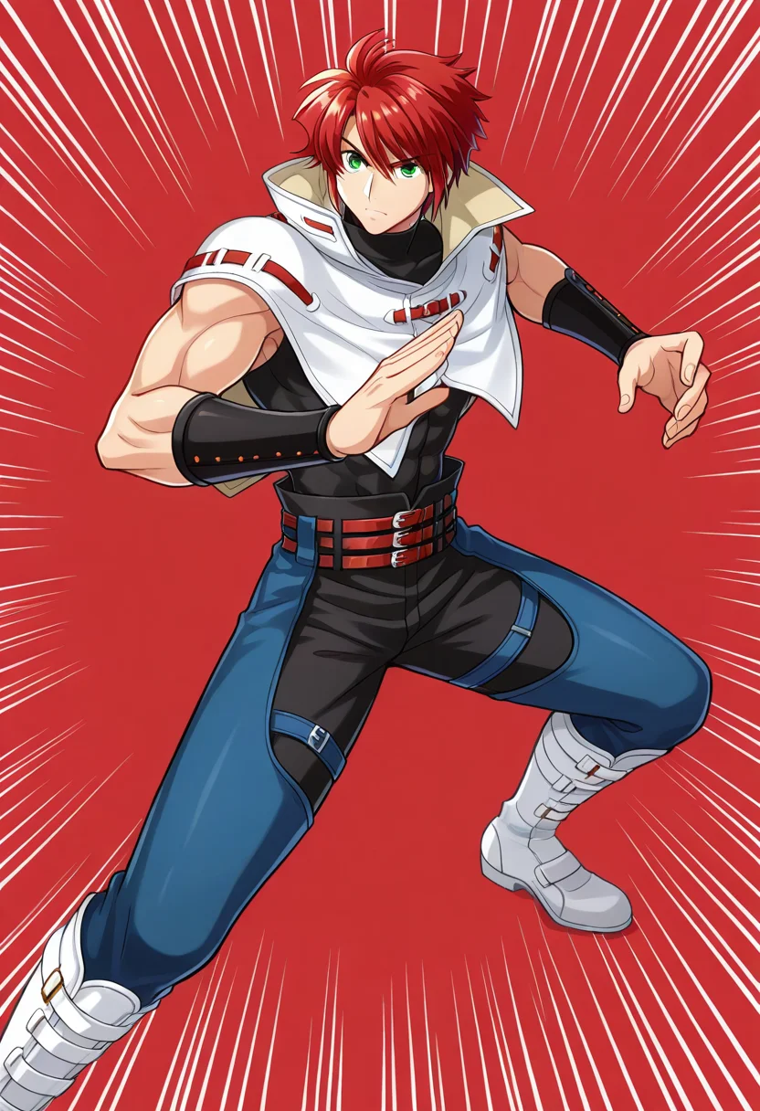 1boy, solo, forukashura, muscular, red hair, short hair, green eyes, capelet, high collar, bracer, sleeveless shirt, sleeveless, turtleneck, belt, pants, chaps, knee boots, fighting stance, red background, emphasis lines,