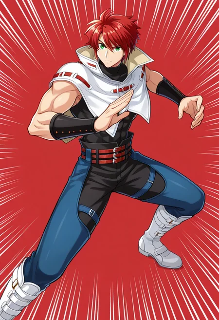 1boy, solo, forukashura, muscular, red hair, short hair, green eyes, capelet, high collar, bracer, sleeveless shirt, sleeveless, turtleneck, belt, pants, chaps, knee boots, fighting stance, red background, emphasis lines,
