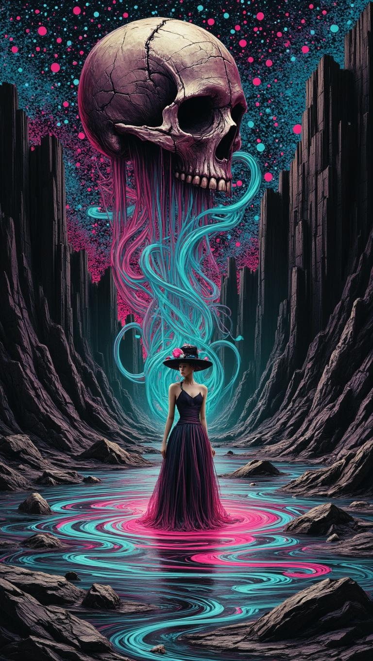 <lora:scribble-flux-v1.safetensors:1> xslx scribble
In the heart of a desolate landscape, a hauntingly stunning scene unfolds. A decaying skull, its sockets deep and hollow, seems to spew eerie, luminous tendrils that undulate and weave into an ominous, rippling pool. The tendrils, a mix of translucent and iridescent threads, shimmer with an otherworldly glow, contrasting sharply with the stark, barren cliffs that encircle the pool. The cliffs, cracked and weathered, stand like ancient, forgotten sentinels, their surfaces etched with intricate, almost supernatural patterns.
The vibrant, polka-dotted background adds a surreal twist, each dot a burst of color that seems to dance and shift, creating a sense of movement and unpredictability. The scene is further transformed by the presence of a woman, standing at the edge of the pool. She is a striking figure, her age indeterminate, with a profound presence that commands attention. Her dress is a masterpiece of avant-garde fashion, made of layered, translucent fabrics that shift and change color with every subtle movement, casting a kaleidoscopic reflection on the water's surface. The dress is complemented by a hat constructed from sleek, polished metal and glass, its angular lines and reflective surfaces adding an unexpected dimension to her appearance.
The woman's attire, bold and asymmetrical, contrasts sharply with the eerie, macabre beauty of the scene, creating a striking juxtaposition that captivates the viewer. The vibrant, unconventional elements of her fashion choices enhance the surreal and haunting atmosphere, making the scene a mesmerizing blend of the macabre and the avant-garde.
