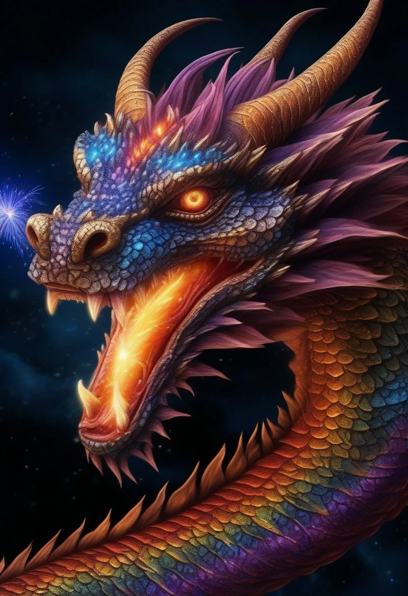 a firework dragon in the sky, firework shaped eastern dragon looking at viewer, up close, extremely detailed, beautiful eyes, sparkling, night time, fantasy art, dark fantasy, multicolor, dragon made out of fireworks, HDR, photo, award winning masterpiece,