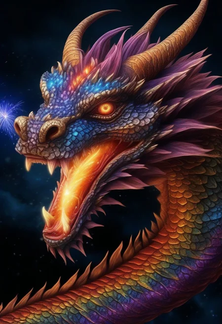 a firework dragon in the sky, firework shaped eastern dragon looking at viewer, up close, extremely detailed, beautiful eyes, sparkling, night time, fantasy art, dark fantasy, multicolor, dragon made out of fireworks, HDR, photo, award winning masterpiece,