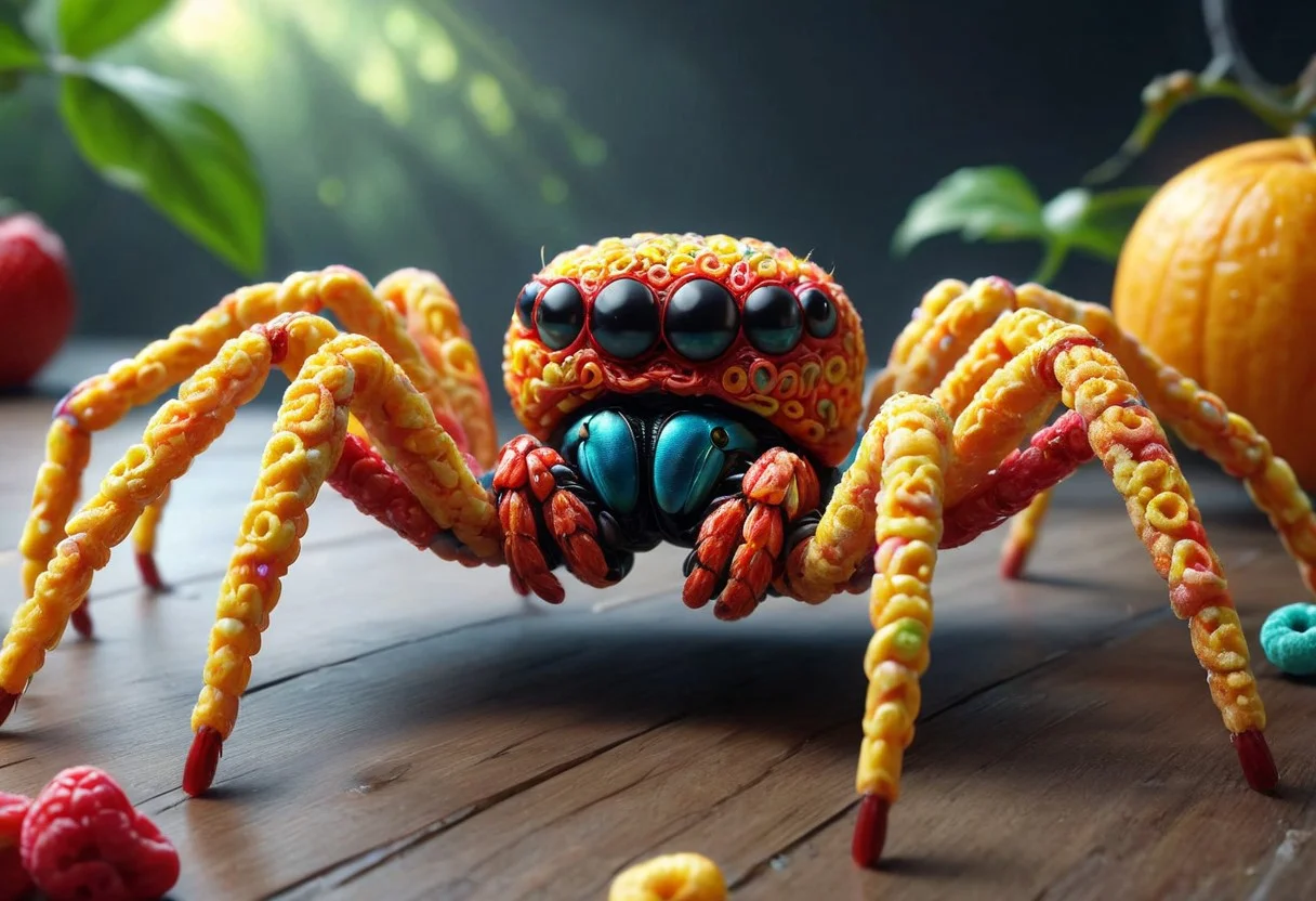 made of Fruit loops , epic digital picture of a giant Spider that waits for its prey to spin it up, masterpiece, dramatic cinematic lighting, unforgettable, very intricate, high detail , photorealistic detail, ultra-realism , photorealistic, ultra detailed ,octane render, <lora:FruitLoopStyle_epoch_9:0.4> <lora:SDXLFaeTastic2400:0.5>