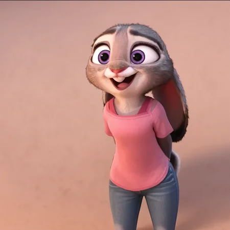 judyhopps happy, solo, pink shirt, jeans, arms at sides <lora:judyhopps-v1-ponyv6xl:1>