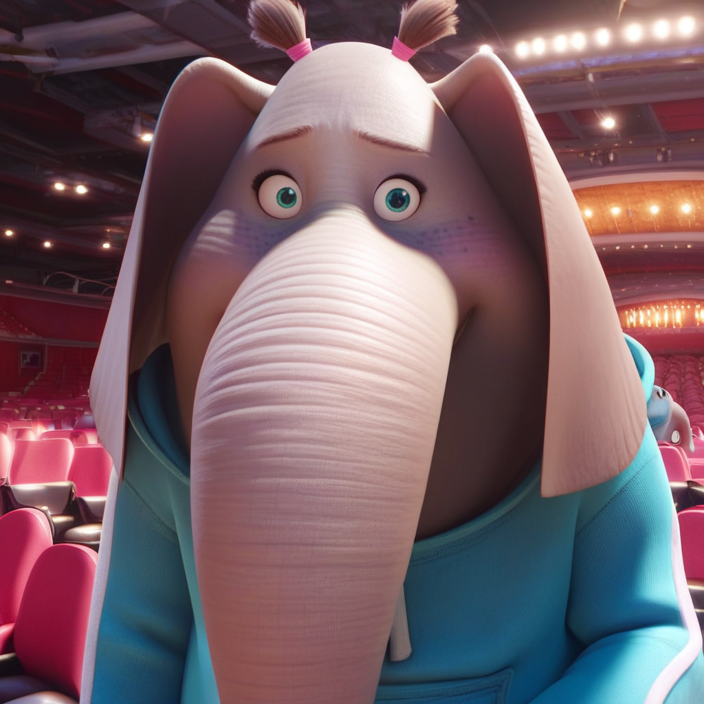 score_9, score_8_up, score_7_up, furry, anthro, female elephant, plump, chubby, light grey skin, freckles on cheeks, green eyes, brown hair, pigtails, pink bands, brown eyebrows, big elephant ears, elephant trunk covering her mouth, elephant hands, shy, cute, light blue hoodie with white lines on the sleeves, blue jeans, pink and white sneakers, BREAK, 1girl, solo, looking at viewer, cute, smiling, smug, walking, hand on hips, indoors, theater scene, female focus, looking at viewer, detailed background, 4k, masterpiece, best quality, highly detailed, realistic, full shot