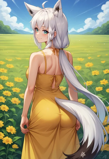 score_9, score_6_up, source_anime BREAK 1girl, solo, flower field, fubuki, white hair, single side braid, ahoge, piercing, fox tail, yellow sundress, from behind, ass, smile <lora:shirakami_fubuki_sdxl_pony-4-000009:1>
