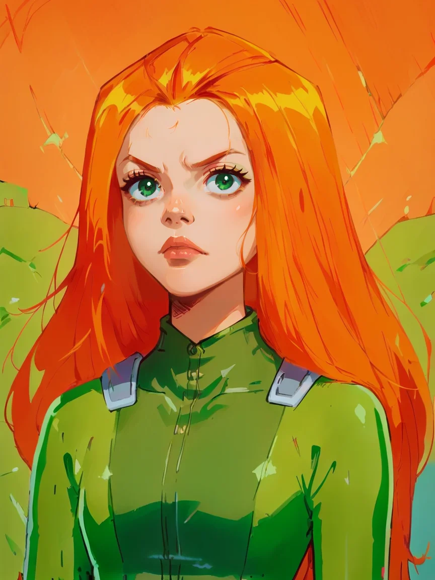 score_9, score_8_up, score_7_up, score_6_up, score_5_up, <lora:coacalinaXLP:1> coacalina, colourful, <lora:SamTSXLP:1> samts, 1girl, long hair, solo, green eyes, orange hair, green bodysuit, belt