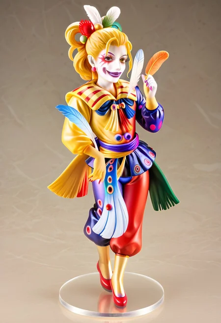PVC figure, rendering, (((full body))), adult, mature male, (((negative_hand, PVC figure, rendering, clown, facepaint, blonde hair, lipstick, feathers))), 1boy, solo, 1girl, five fingers, Precise hands, insanely detailed, perfectionism, max detail, hard edge, hyperrealism, Highest quality eyes, on a circular stand,