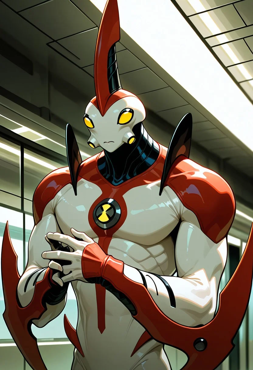 masterpiece, best quality, amazing quality, very aesthetic, absurdres, newest,
,waybig, no humans, solo, alien, horn, single horn, yellow eyes, arm blade,
looking at hands, confused, short, upper body, in metro station,