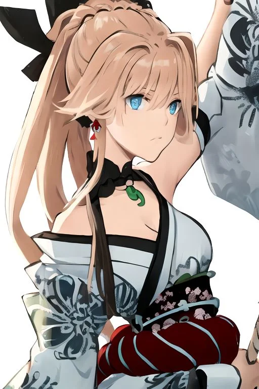 solo_focus, 1girl, ((white background, simple background)):2, (((masterpiece))), ((best quality)), ((ultra-detailed)), high resolution, absurdres, highres, ultra-detailed 8k unity wallpaper, 
fsrMusashi, hair ornament, necklace, earrings, white kimono, cleavage, sash, black thighhighs