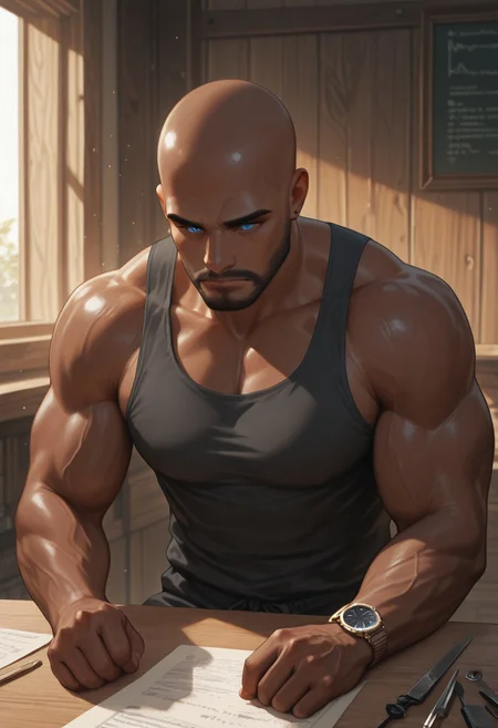 masterpiece, best quality, amazing quality, absurdres, newest, detailed background, definition so sharp, Ultra-HD, 8K cinematic, very awa, impressionate, amazing quality, highres,
1boy, mbti_estj, muscular man, mature man, bald, dark skin, facial hair, blue eyes, watch, solo, artisan workshop, warm light, wooden textures, tools, focused, concentrated, calm demeanor, natural materials, hands at work, craftsmanship, details, soft shadows, inviting atmosphere, high quality, aesthetic