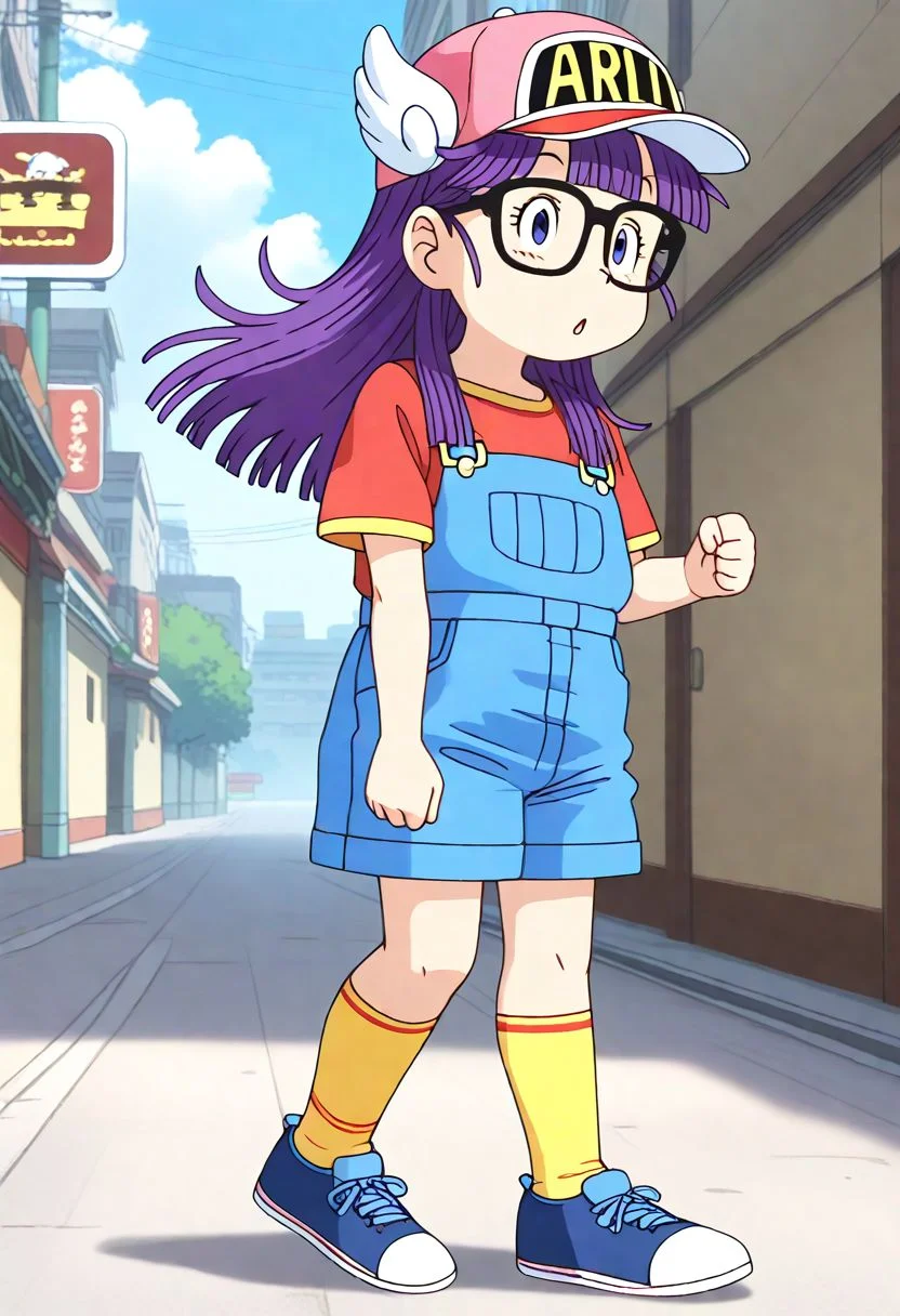 <lora:Hyper-SDXL-8steps-lora:1><lora:Fixhands_anime_bdsqlsz_V1:1>
zPDXL2, outdoors, city, tokyo, japan, 
upskirt, standing on one leg, Guilty, Downcast eyes, slumped shoulders, and a slightly ashamed expression.,
1girl, solo, ds-norimakiarale, purple hair, long hair, blue eyes, black-framed eyewear, pink hat, winged hat, ds-norimakiarale outfit, red shirt, blue overalls, yellow socks, blue shoes,
<lora:ds-norimakiarale_XL(pony)v10:1>