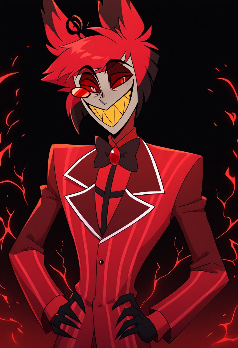 masterpiece, best quality, newest, absurdres, highres, 
anime, anime style, 1boy, HHOVP-AL-V1.0, deer eyars, animal ears, red-tinted eyewear, demon boy, smile, yellow teeth, sharp teeth, monocle, red eyes, colored sclera, red sclera, grey skin, grey colored skin, bowtie,