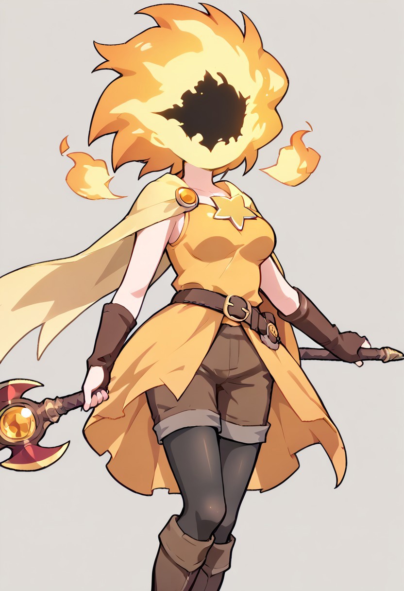 score_9, score_8_up, score_7_up,
lord_of_frenzy, fire head,
holding magic spear,
novakin, faceless, no eyes, no mouth, no nose, no facial features, short fiery yellow orange hair, body made of black plasma,
magical girl outfit, steampunk dress, boots, brown shorts, black tights, medium breasts, belt,
simple background, grey background,