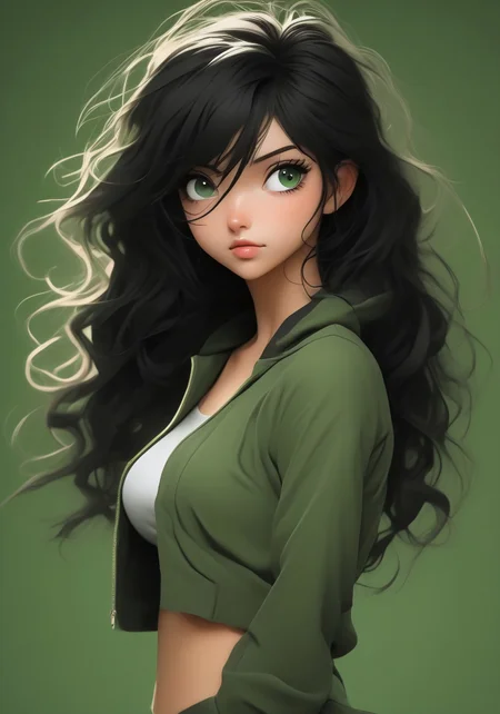 core_9, score_8_up, score_7_up, score_6_up, source_anime, 1girl, solo, very sexy, 23 years old , curvy, cute face, big green eyes, black wall, lightbacking, black hair