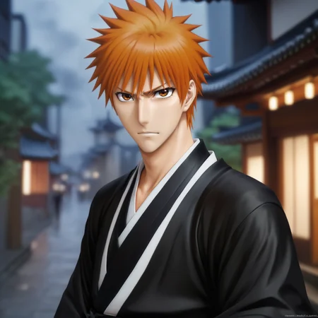 breathtaking kurosaki ichigo, <lora:ichigov2:0.7>, with (black kimono:1), in city, masterpiece, award-winning, professional, highly detailed