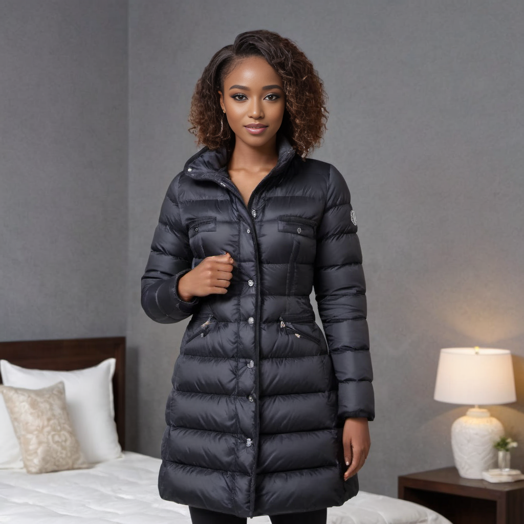 (holding the camera) , cute one african professional women a wearing a long knee length  moncler_hermine jacket , hyperdetailed photography,4k textures,intricate details,4k resolution   ,  <lora:moncler_hermine_v1_r2-000007:0.5>, festival, bedroom scene