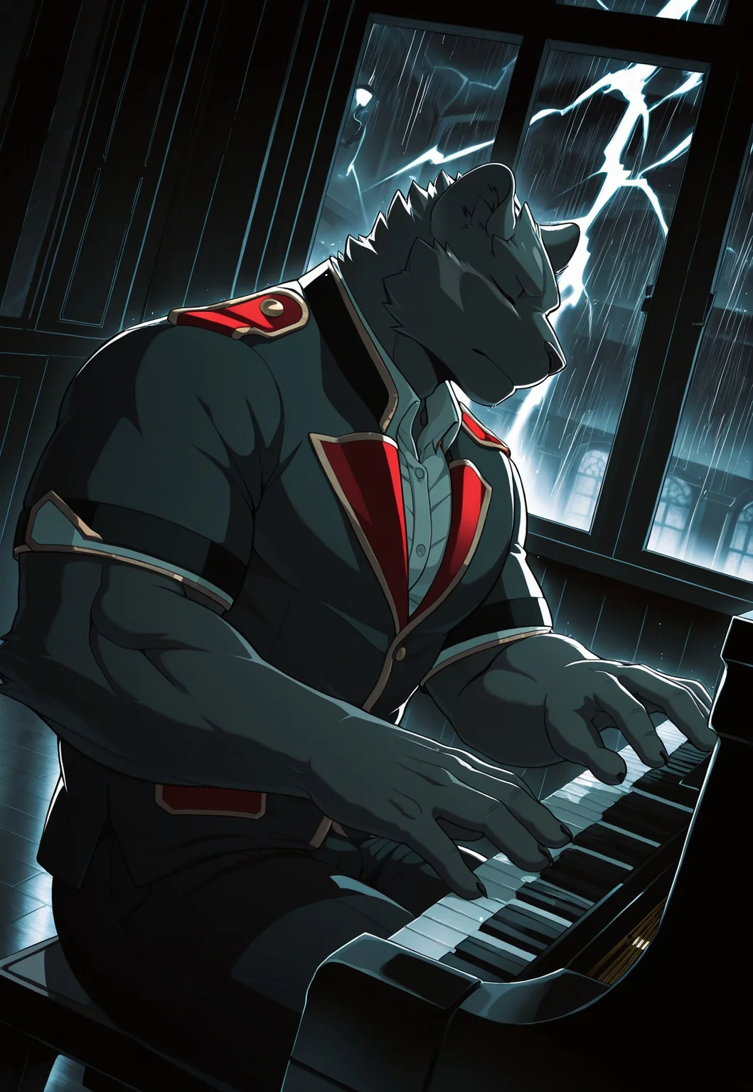 masterpiece, best quality, amazing quality, 1boy, solo, male focus, muscular male, furry male, bara, panther boy, theo_prinz, closed eyes, uniform, sitting, playing piano, dark, indoors, grand hall, lightning strike, moody atmosphere, high contrast, dutch angle, front view
