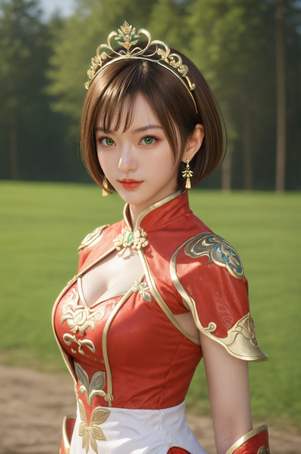 score_9, score_8_up, score_7_up, masterpiece, best quality, perfect anatomy, very aesthetic, BREAK dynamic pose, cowboy shot<lora:Sun_Shangxiang_Dynasty_Warriors:0.7>
solo, 1girl, short hair, brown hair, green eyes, tiara, jewelry, earrings, chinese clothes, cleavage cutout, outdoors, looking at viewer
