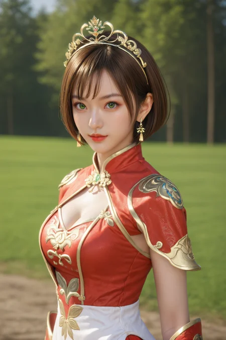 score_9, score_8_up, score_7_up, masterpiece, best quality, perfect anatomy, very aesthetic, BREAK dynamic pose, cowboy shot<lora:Sun_Shangxiang_Dynasty_Warriors:0.7>
solo, 1girl, short hair, brown hair, green eyes, tiara, jewelry, earrings, chinese clothes, cleavage cutout, outdoors, looking at viewer