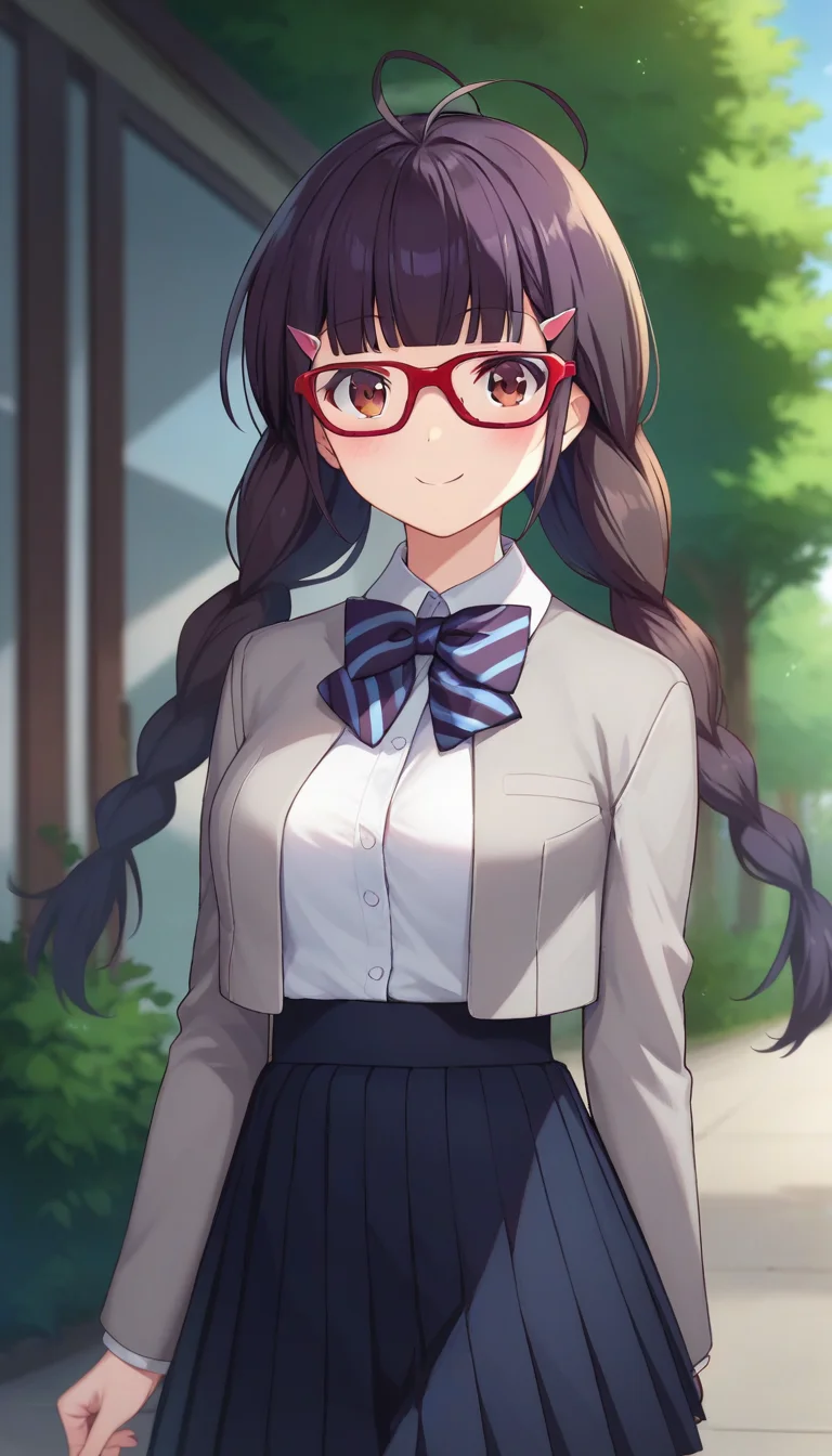 score_9,score_8_up,score_7_up,score_6_up BREAK official art,solo,outdoors,upper body,(portrait:1.5),looking at viewer,facing viewer,smile,blush,Aoi Izumisawa,antenna hair,long hair,black hair,twin braids,hair ornament,hairclip,blunt bangs,brown eyes,red-framed eyewear,school uniform,grey jacket,cropped jacket,blazer,open jacket,black bowtie,striped bowtie,white shirt,collared shirt,long sleeves,medium breasts,black skirt,pleated skirt,black socks,loafers,brown footwear,<lora:Aoi Izumisawa(rf)-Pony:1.4>,
