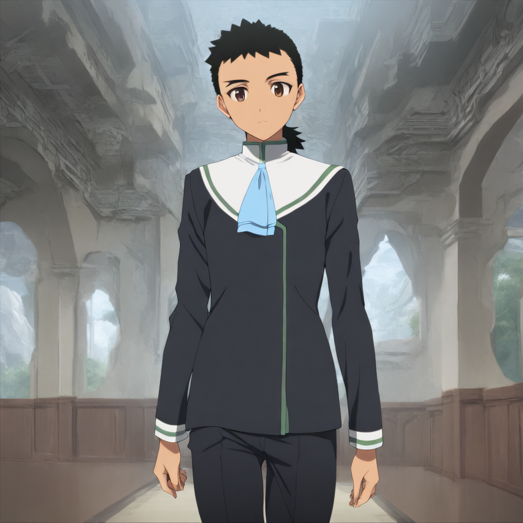 solo,looking at viewer,masterpiece,high score,great score,absurdres,<lora:Kenshi_Masaki ag4o v1:1> 1boy, kenshi_masaki, black hair, ponytail, brown eyes,school uniform,pants,