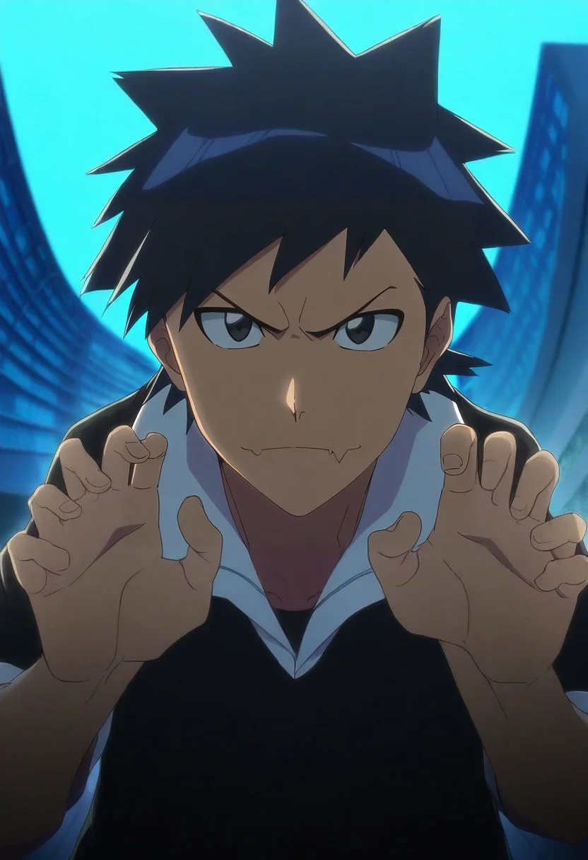 masterpiece, best quality, anime screencap, , , , 1boy, male focus, 1boy, red \(pokemon\), \(pokemon rgby:1.2\), black hair, black eyes, solo, panorama, school, dark, claw pose, skin fang, <lora:bleach_tybw_style_ilxl:0.82>, bleach_tybw_style,