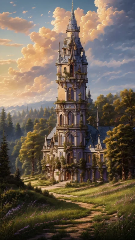 Masterwork Painting, Magnum Opus,
<lora:Wizard_Tower:0.75> witow, castle, cloud, cloudy sky, grass, no humans, scenery, sky, tower, tree, <lora:Fantasy_Mountains:0.75> fanmou, footprints, forest, grass, nature, no humans, outdoors, sky, tree,
highres, 8k, uhd, High Dynamic Range, tonemapping, crisp details, intricate details, fine details