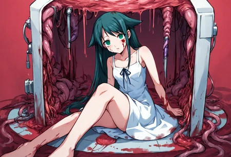score_9, score_8_up, score_7_up, source_anime, uncensored, zPDXLxxx, <lora:intricate_details:1> intricate_details_xl, red background, laboratory, pectoral focus
<lora:Saya_No_Uta_v1.0-000040:0.7> Saya, saya_(saya_no_uta), solo, long hair, dress, looking at viewer, green eyes, bare shoulders, sundress, green hair, collarbone, blue hair, white dress, ribbon, hair flaps, (organs, blood on face, blood on clothes:0.95), empty eyes, tentacles,