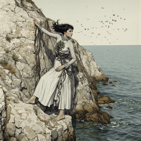 polka-dotted portrait of a Renaissance mature Slovenian female vampire climbing seaside chalk cliffs, hundreds of birds in the distance. She is wearing long sleeve maxi dress with a high neckline and long sleeves and tree of life pendant with dainty leaves. Intricate white and verdigris and silver, goth, very detailed. <lora:Vintage_Nudity_60s:1>