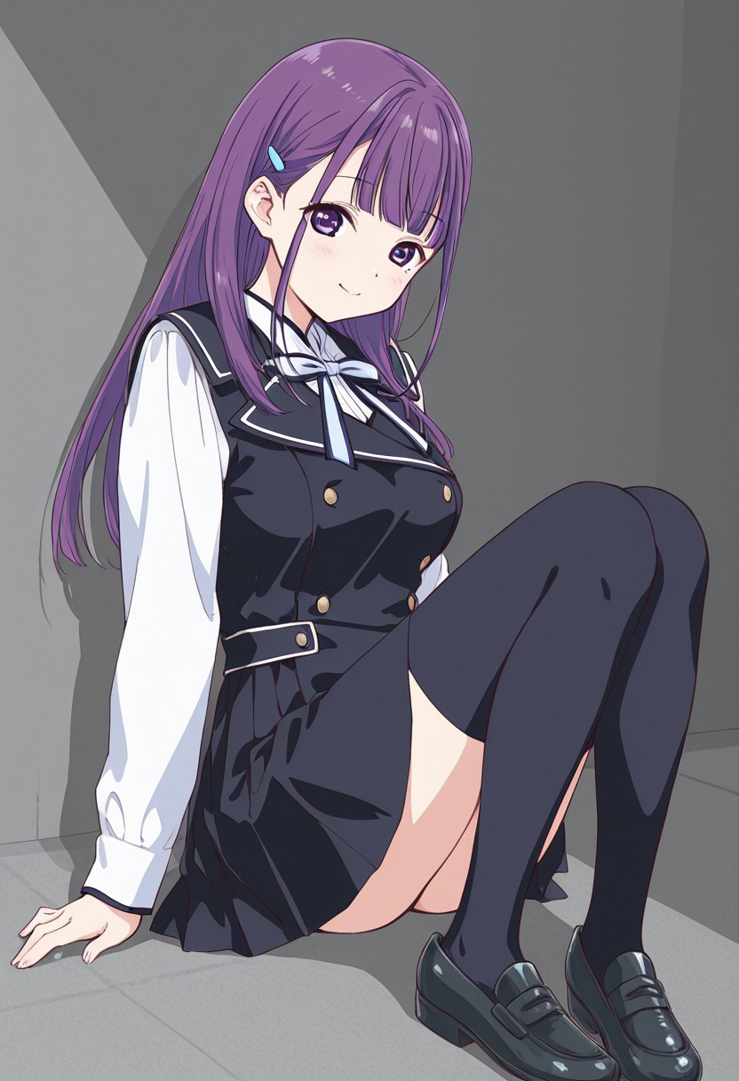 hires, high quality, 
1girl, solo, hotaru ichinose, hotaru ichinose \(22/7\), purple hair, long hair, purple eyes, hair ornament, mole under eye, blue ribbon, black skirt, white long sleeve shirt, school uniform, black thighhighs, shoes, large breasts,