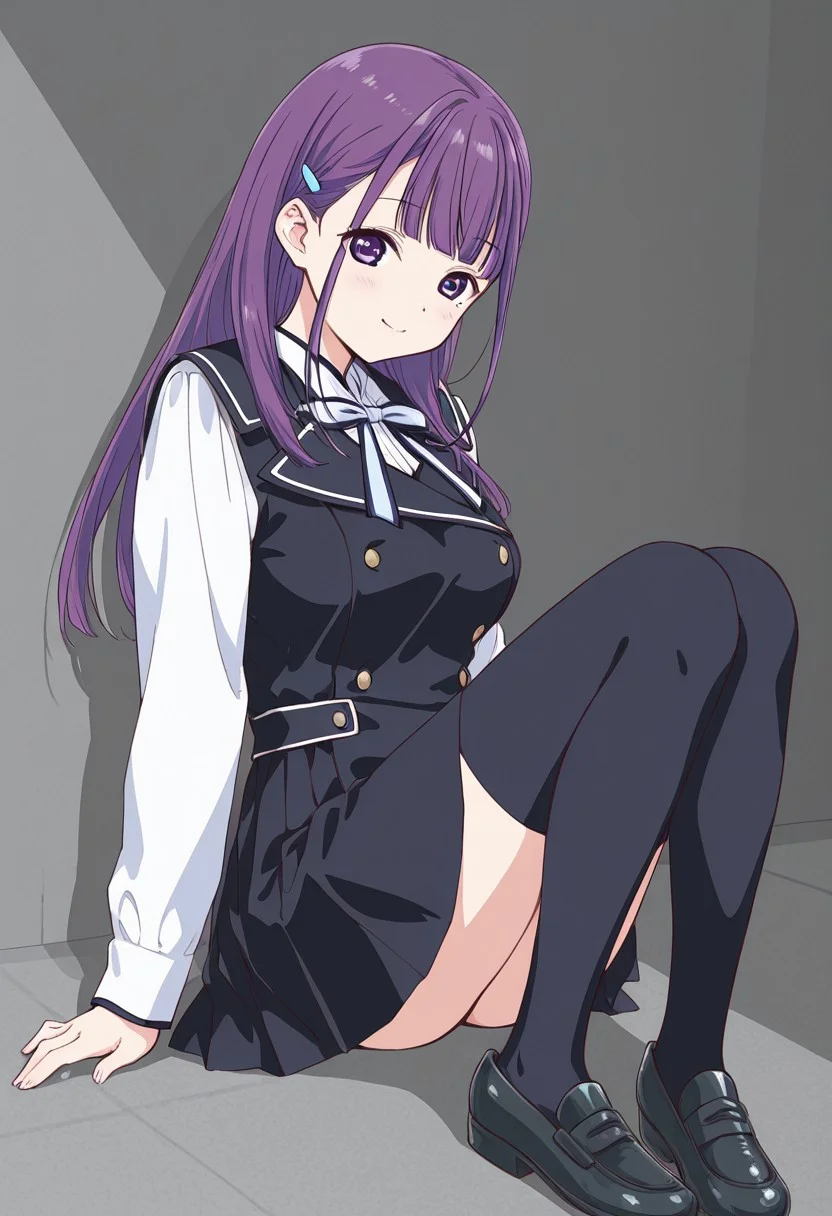 hires, high quality,
1girl, solo, hotaru ichinose, hotaru ichinose \(22/7\), purple hair, long hair, purple eyes, hair ornament, mole under eye, blue ribbon, black skirt, white long sleeve shirt, school uniform, black thighhighs, shoes, large breasts,