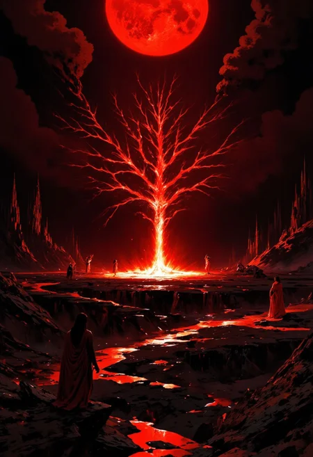 hyper realistic and highly detailed, highly dynamic cinematic panorama view, dark night, red moon, clouds, everything is filled with red, edge of the forest, in the middle of the clearing there is a tree, the tree is on fire, the tree is burning very brightly, girls in long light dresses are dancing around the tree, sparks from the tree are spreading, pagan holiday, the tree is standing on the ground and burning