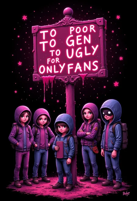 cosmic crafter anime style art by Creepy guy aidmaTextImprover A sign with text: "to poor to gen to ugly for onlyfans"