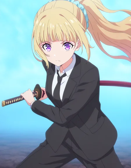 masterpiece, best quality, newest, absurdres, highres, safe,, <lora:kei-karuizawa-anime-s2-ponyxl-lora-nochekaiser:1>, kei karuizawa, long hair, bangs, blunt bangs, purple eyes, blonde hair, hair ornament, ponytail, scrunchie, blue scrunchie, medium breasts, anime screencap, <lora:battoujutsu-stance-illustriousxl-lora-nochekaiser:1>, battoujutsu stance, looking at viewer, holding, weapon, sword, holding weapon, holding sword, standing, katana, sheath, sheathed, fighting stance, ready to draw, shirt, long sleeves, jacket, white shirt, necktie, collared shirt, pants, black jacket, floating hair, black pants, formal, suit, black necktie, black suit, pant suit,, ,