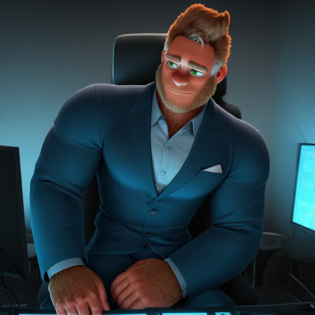 bigfoot, hairy, tall, muscular, bara, handsome, highly detailed, green eyes, wearing suit, in a tv studio, brown fur, solo, alone, slight smile
