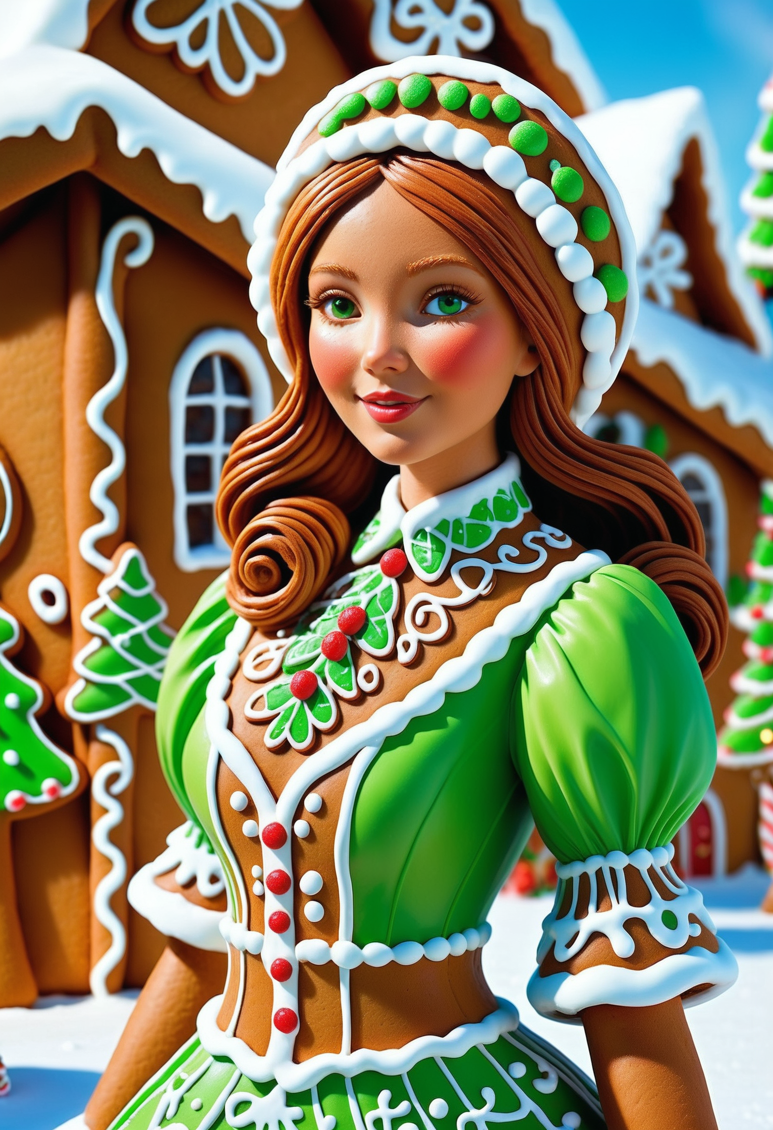 Gingerbread, icing, candy, <lora:GingerbreadStyle_epoch_10:0.7>, digital art, (Girl:1.3) , she is dressed in costume, her costume is green, It has Botanical patterns on it, her hair is Caramel,  Snowy, concept art, woman, grand illumination, radiant, intense, background inspired