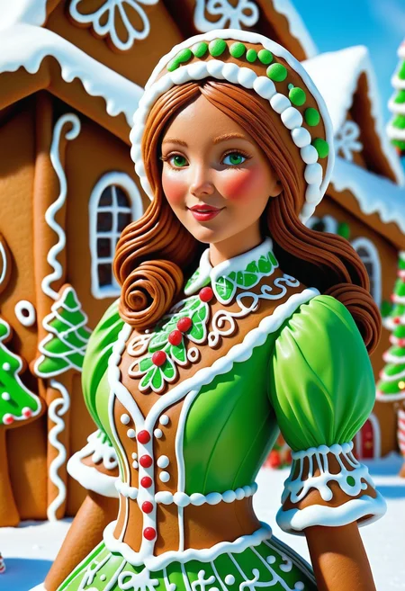 Gingerbread, icing, candy, <lora:GingerbreadStyle_epoch_10:0.7>, digital art, (Girl:1.3) , she is dressed in costume, her costume is green, It has Botanical patterns on it, her hair is Caramel, Snowy, concept art, woman, grand illumination, radiant, intense, background inspired