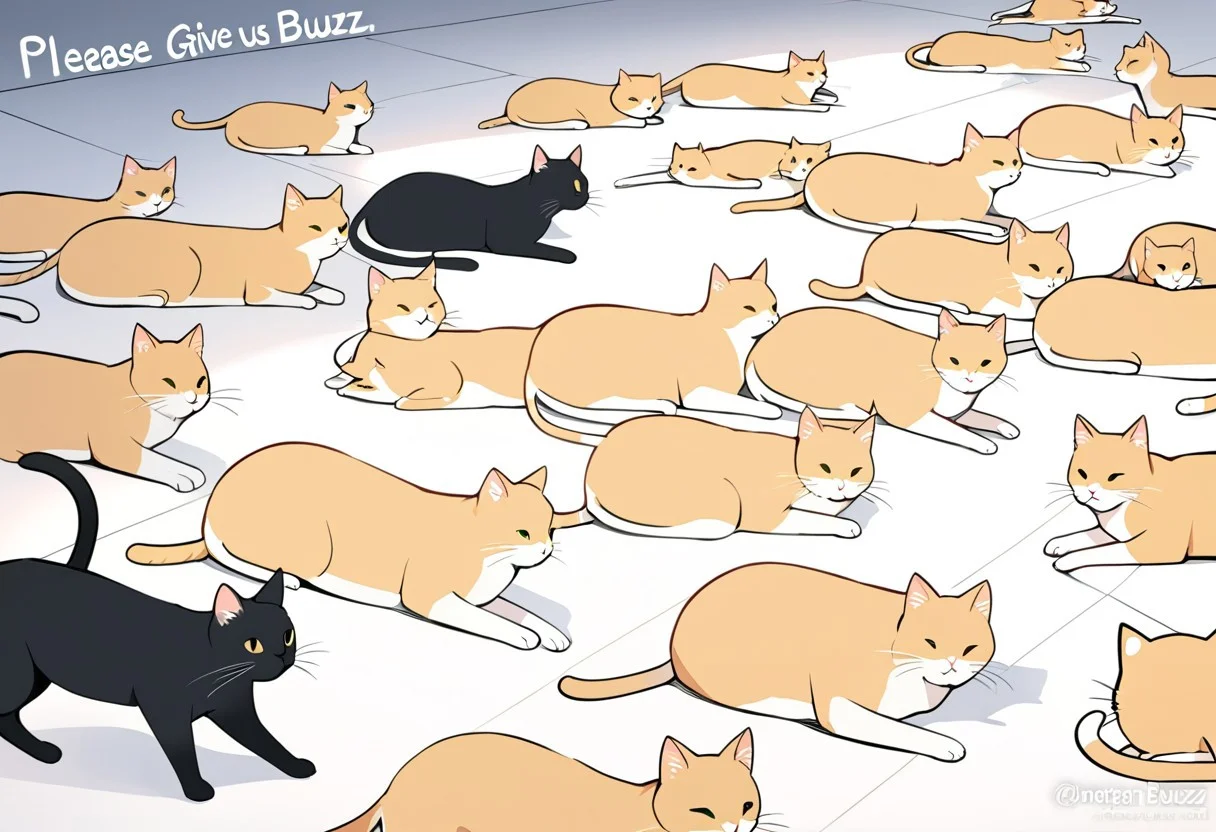 Masterpiece, lots of cats, laying on the floor, text "please give us buzz"
