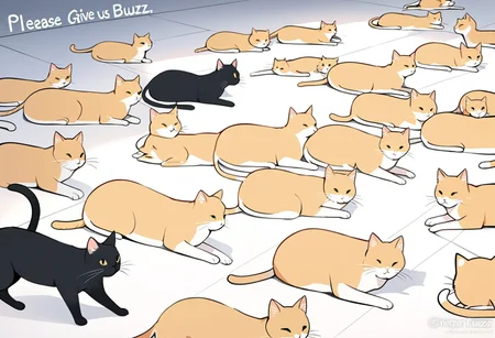 Masterpiece, lots of cats, laying on the floor, text "please give us buzz"
