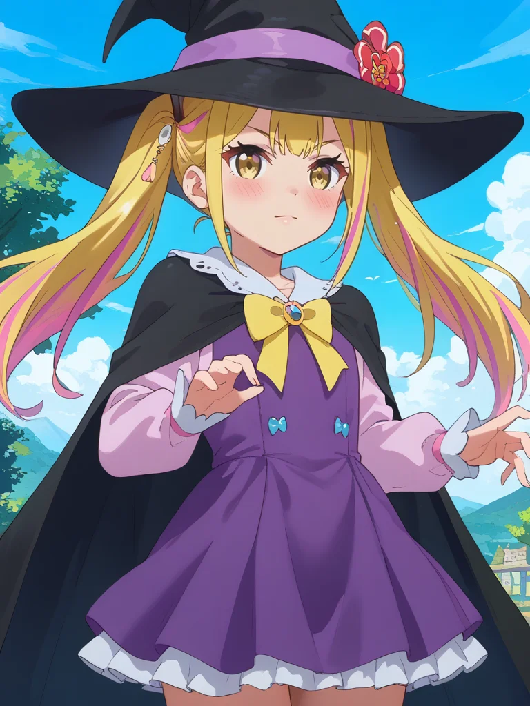 score_9, score_8_up, score_7_up, score_6_up, score_5_up, score_4_up, source_anime,,cinematic shadow, character focus, detailed skins,(cowboy shot:1.4),body blush,<lora:StS_PonyXL_Detail_Slider_v1.4_iteration_3:4>, <lora:Sara_Da_Odin__Henjin_no_Salad_Bowl_:1>,saraodin, multicolored hair,  blonde hair, long hair, streaked hair, pink hair, twintails, hair ornament,hair flower,hair ribbon, bangs,  yellow eyes,child,dynamic pose, contrapposto,outdoors, sarawitch, pink hat bow,witch hat,black hat,yellow neck bow,black cape,purple long sleeves dress, sidelocks,