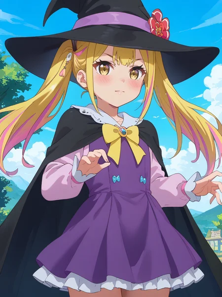 score_9, score_8_up, score_7_up, score_6_up, score_5_up, score_4_up, source_anime,,cinematic shadow, character focus, detailed skins,(cowboy shot:1.4),body blush,<lora:StS_PonyXL_Detail_Slider_v1.4_iteration_3:4>, <lora:Sara_Da_Odin__Henjin_no_Salad_Bowl_:1>,saraodin, multicolored hair, blonde hair, long hair, streaked hair, pink hair, twintails, hair ornament,hair flower,hair ribbon, bangs, yellow eyes,child,dynamic pose, contrapposto,outdoors, sarawitch, pink hat bow,witch hat,black hat,yellow neck bow,black cape,purple long sleeves dress, sidelocks,