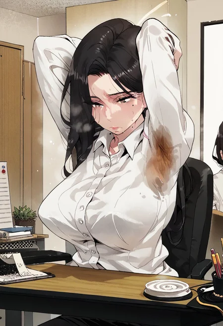 zPDXL2, score_9_up, score_8_up, score_7_up, froma above, sit on her desk, office, pc, tired, she is suffering from the heat, disconfrot, (Anime_source), high detail face, best quality, absurd res, 1girl, RaheeDo, gray eyes, black hair, long hair, mole under eye, mole under lips, office clothes, white shirt with long long sleeves, cowboy shot, looking at her pc, , (big breasts:1.4), sweaty:1.2, , arms down,, sweat stain under armpit:1.5, steamy:1.2,