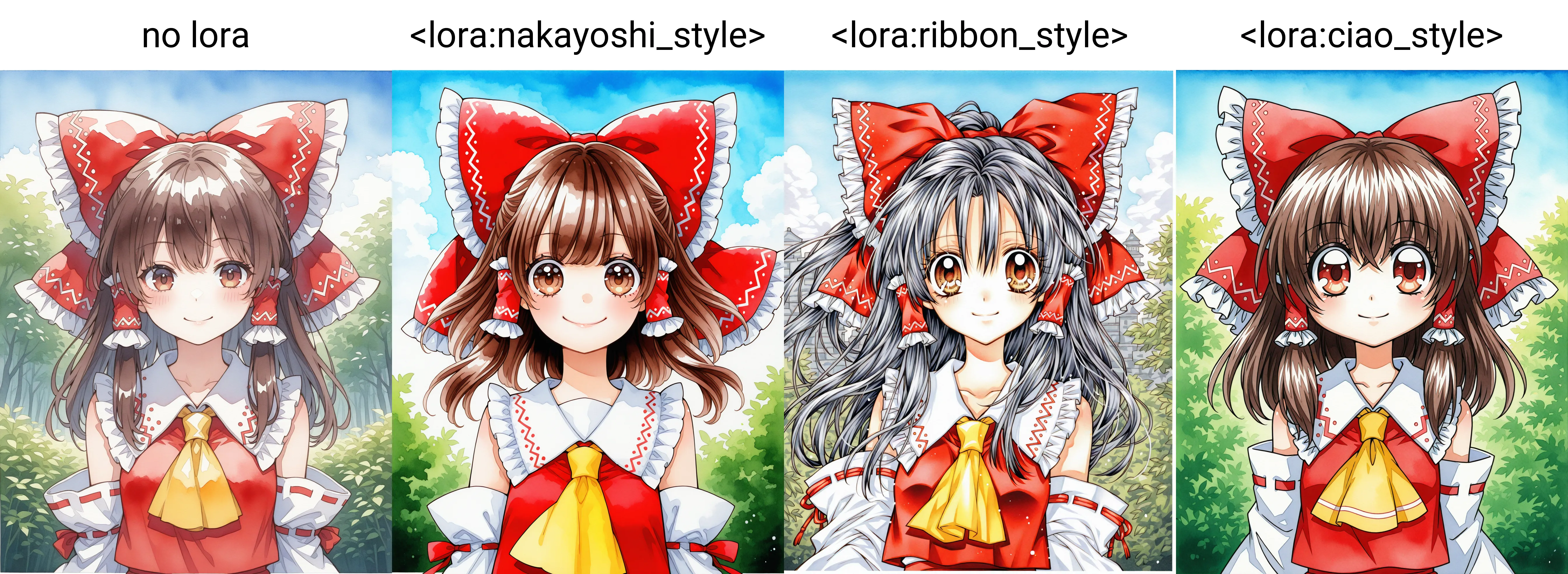 1girl,hakurei reimu, upper body, smile,outdoors,watercolor \(medium\), 
no lora,