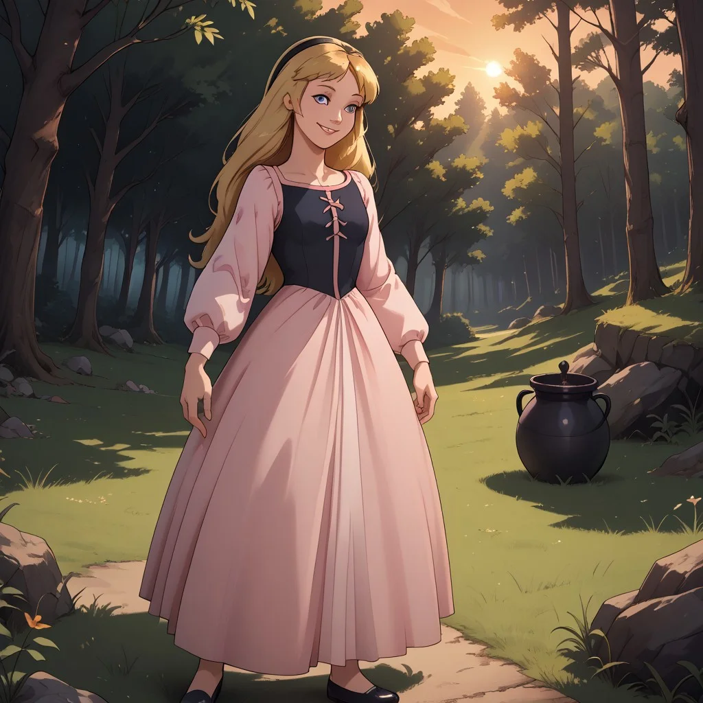 score_9, score_8, BREAK, solo, blonde hair, black hairband, blue eyes, black bodice, light pink long sleeves, pink long skirt, black flats, Eilonwy_(The_Black_Cauldron), sexy pose, self portrait, smile, outdoors, sunlight, shadows, evening lighting, natural lighting, forest, trees, grass, orange sky, sunset