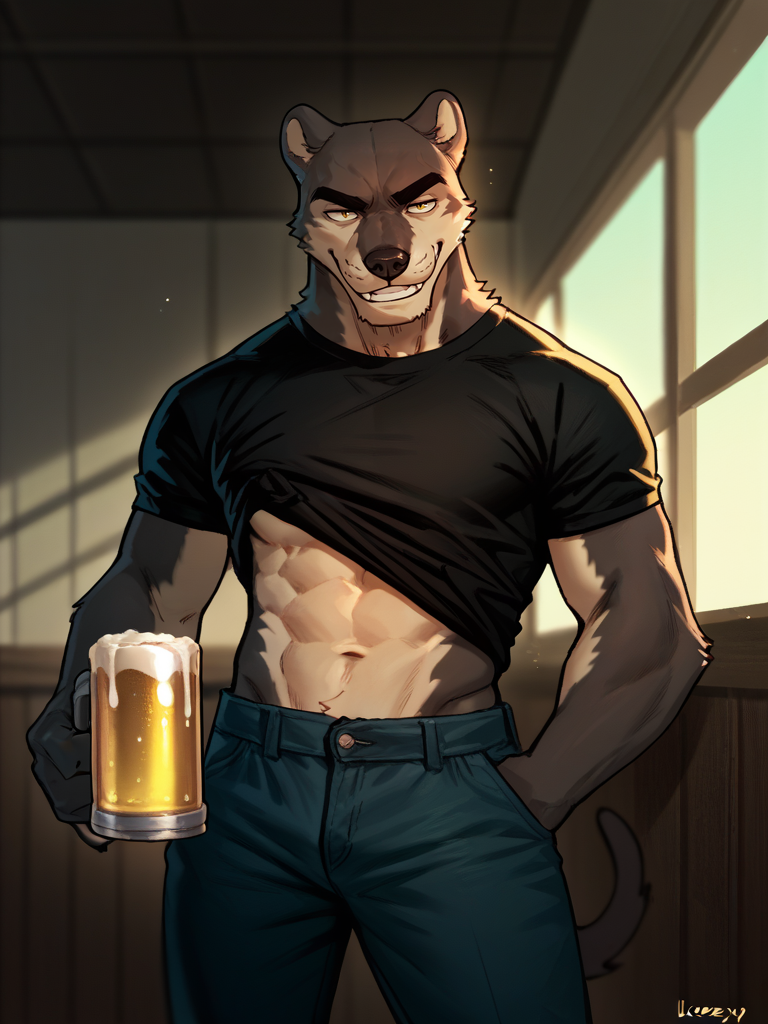 portrait of bara panther man lifting up shirt with hand, nomifuki_style, panther,  furry, <lora:Nomifuki_Style:.8> smirking, ((midriff)), holding beer, eyebrow slit, sleezey bar background, lean body, looking at viewer, dynamic lighting, score_9, score_8_up, score_7_up, <lora:Smooth Anime 2 Style SDXL_LoRA_Pony Diffusion V6 XL:.3>   <lora:add-detail-xl:.8>  zPDXL3,
