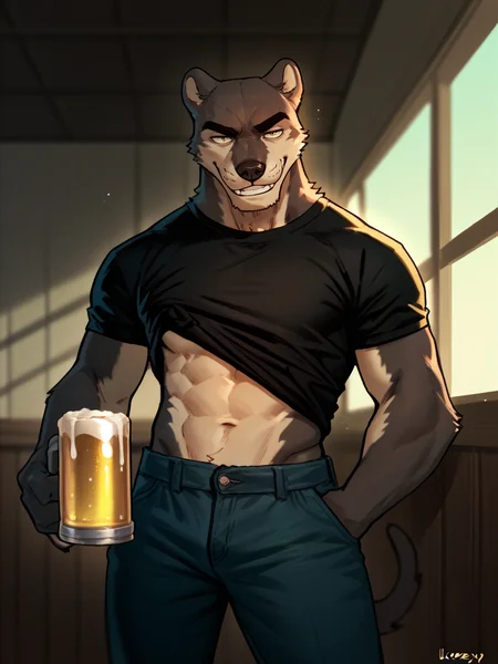 portrait of bara panther man lifting up shirt with hand, nomifuki_style, panther, furry, <lora:Nomifuki_Style:.8> smirking, ((midriff)), holding beer, eyebrow slit, sleezey bar background, lean body, looking at viewer, dynamic lighting, score_9, score_8_up, score_7_up, <lora:Smooth Anime 2 Style SDXL_LoRA_Pony Diffusion V6 XL:.3> <lora:add-detail-xl:.8> zPDXL3,