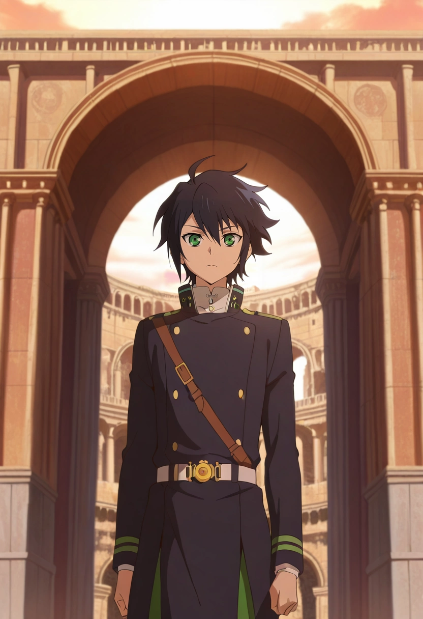 masterpiece, best quality, , anime screencap, , official style, looking at viewer, 1boy, solo, male focus, <lora:yuuichirou_hyakuya_ilxl:0.92>, yuuichirou_hyakuya, black hair, green eyes, short hair, hair between eyes, ahoge, , Colosseum, Rome, towering arches, historical ruins, standing pose, admiring expression, golden hour light,