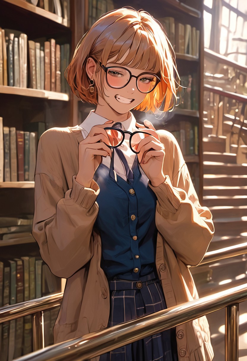 masterpiece, best quality, highly detailed, ultra-realistic, score_9, score_8_up, score_7_up, score_6_up, source_cartoon,
1MILF, 48yo, librarian breasts straining cardigan, (antique library: ladder on rails, dust motes in sunbeams), "shelving" books at crotch-level shelf  
BREAK  
reading glasses fogged from heavy breathing, overdue notice clenched between teeth, 1boy (student) hidden behind tapestry  
BREAK  
paper cut blood trails on inner wrist, vellum texture overlay, parallax effect on swaying bookshelves