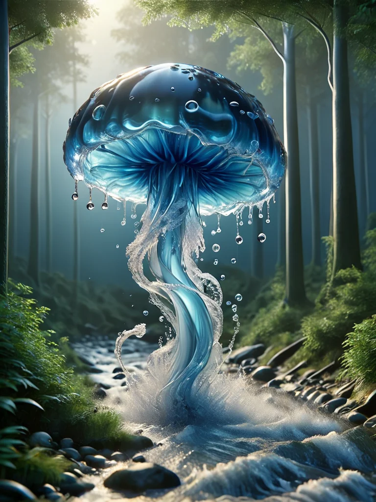 blue jellyfish,mushroom, nature, forest, outdoors, tree, walking, water, river, <lora:watce-sdxl:1> watce